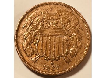 1867 TWO CENT COIN - IMPROPERLY CLEANED