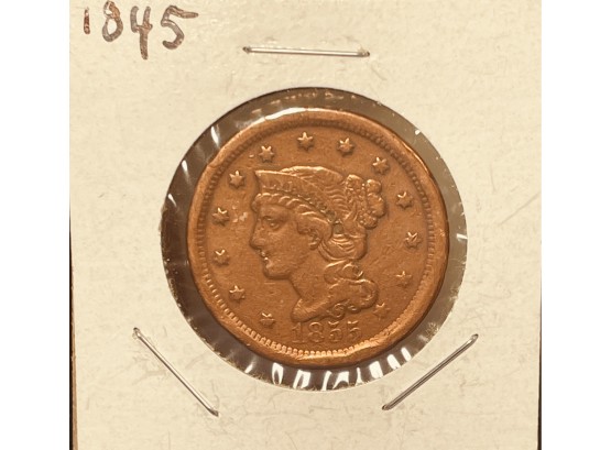 1845 LIBERTY HEAD LARGE CENT COIN - IMPROPERLY CLEANED