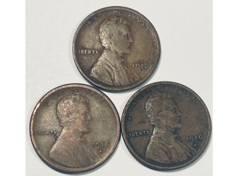 LOT (3) 1916, 1916-D & 1916-S LINCOLN WHEAT CENT PENNY COINS