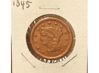 1845 LIBERTY HEAD LARGE CENT COIN - IMPROPERLY CLEANED