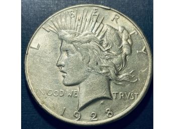 1928-S SILVER PEACE DOLLAR COIN -SEMI-KEY DATE - SOME MINOR RIM DAMAGE - SEE PICTURES