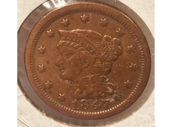 1847 LIBERTY HEAD LARGE CENT COIN - IMPROPERLY CLEANED
