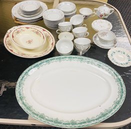 Variety Of China Pieces.  Mostly Tea Cups And Plates.  Also A Pretty Green Bordered Platter