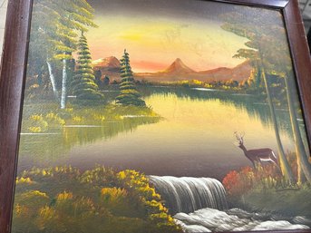 Beautiful Waterfall And Deer Landscape Original Artwork Signed