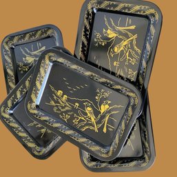 Vintage Set Of 5 Black & Gold Oriental Toleware Tin Trinket/Appetizer Trays