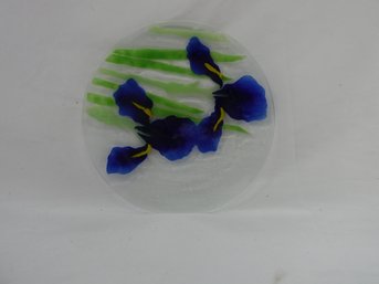 Signed Syden-Stricker Fused Art Glass Dish Platter - Iris Flowers