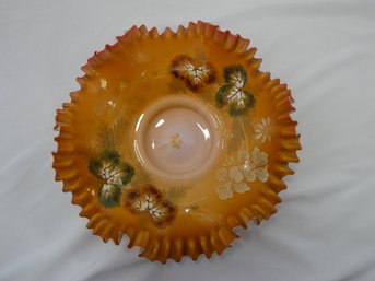 Hand Painted Victorial Ruffled Art Glass Vase - Condition Issues