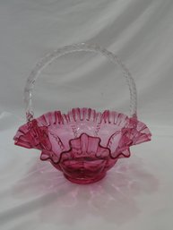 Fenton Glass Basket With Clear Handle And Cranberry Bowl - Circa 1960's
