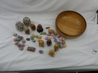 Wooden Bowl Full Of Various Egg-Shaped Items - Stone / Mache / Wood  More!!!