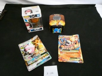 Small Pokemon Lot! 2 Oversized Cards, Empty Tin And POP Movie Figure.