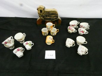 Lot Of Tea Cups All Made In Japan! 4 Different Patterns! And A Bonus Wooden Sheep!
