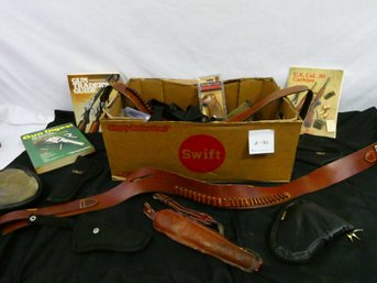 Box Lot Of Holsters, Gun Cases, Grips, And Gun Books.