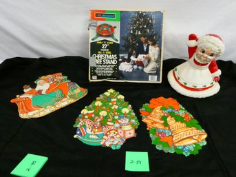 Small Lot Of Vintage Christmas Deco. Tree Stand, 2 Sided Window Decorations, And Mrs. Clause!