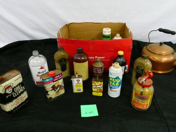 Box Lot Of Vintage Cans And Bottles And Tea Kettle.