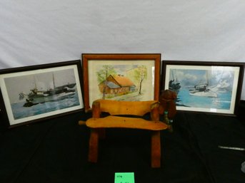 3 Framed Pictures 18 X 14 And Wooden Camel Saddle! No Pad - 13' Tall X 16