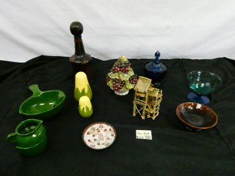 Box Lot Of Glass And Ceramic Table And Decorative Items - Leather Covered Decanter And More!