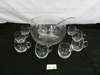 Glass Punch Bowl With Ladle And (8) Cups