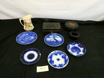 Mixed Lot Of Tin Boxes And Glass Transferware Plates And Pitcher.