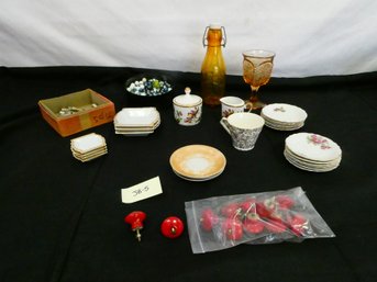 Interesting Lot Of Vintage Glass Items, Marbles, And Nice Ceramic Drawer Pulls.