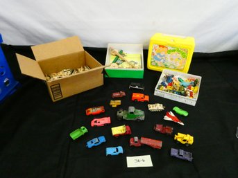 Vintage Toys! Metal Cars, Mixed Plastic Figures, Fishing Game And Cabbage Patch Lunch Pail!