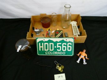 Tray Lot Of Vintage Items! Underwater Viewing Tube, Tins, Milk Bottles And Much More!