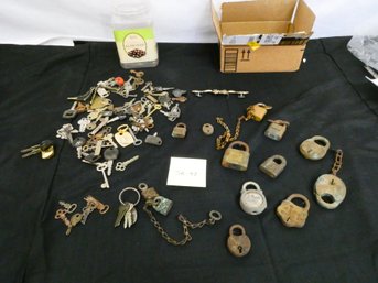 Nice Lot Of Vintage Locks And Container Of Keys.