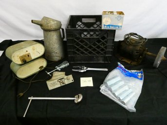 Crate Lot - Tools, Vintage Masco Ez Talk Home Intercom No 295 Tube Radio, And Grinding Wheel!