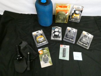 Outdoor Lot! Many Headlamps New In Package, Compass, Mini Flashlight, And Compact Shovel!