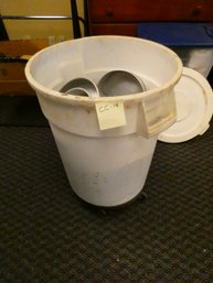 Large Lot Of Assorted Cake Pans In Heavy Duty Rubbermaid Can On Dolly - Largest Pan 10.5' And 2'H