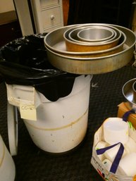 Large Lot Of Round Aluminum Cake Pans In Heavy Duty Rubbermaid Can On Dolly - Some Sets - More Than 30