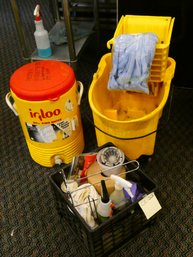 Lot Of Cleaning Supplies And Other Items - Rubbermaid Mop Bucket / Milk Crate Of Supplies / Igloo Cooler