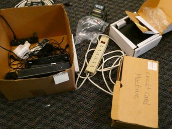 Box Lot Of Electronics - Cable Modems And Convertors / Credit Card Machine / Desk Calculator And More