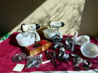 Pair Of Vintage Sunbeam Mixmaster Stand Mixers With LOTS Of Attachments / Juicers - Grinders - Sausage Filler