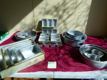 Large Lot Of 29 Assorted Aluminum Cake Pans In Heavy Duty Can On Dolly / Hearts - Topsy Turvy - More!
