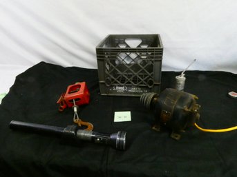 Crate Lot Of Mis Items! GE Motor, Pump Oiler Can, Cable Come Along Winch, And Flashlight!