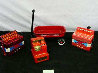 Nice Toy Lot - Mechanical Savings Bank / Toy Wagon / Miniature Accordions