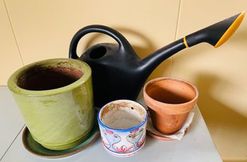 3 Ceramic Planting Pots And A Water Can With Pouring Spout
