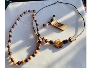 3 Necklaces With Wooden Beads And Cool Ivory(?) Pendant