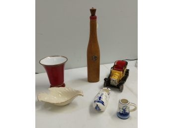 Vintage Liquor Car Bottle, Vase, Dove Bowl, Corked Bottle, Holland Hand Painted Shoe & Delft Mini Mug