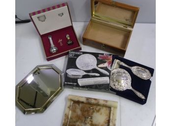 Lot Of 5, Wooden Jewelry Box, Dresser Set, Jili Perfume Gift Set, Vanity Mirror Tray, Marbled Tray