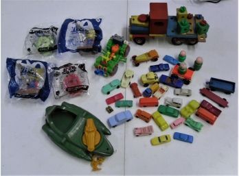 Lot Of Vintage Plastic Toy Cars, Wooden Build A Truck, McD's Toys