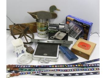 Lot Of Metal & Wood Boxes, Vintage Phones, Belts, Glass Ashtray & Misc. Items