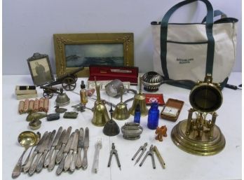 Bag Of Misc. Vintage Lighters, Bells, Miniature Metal Tanks & Cannons, Pocket Clock, 6 Rolls Of Pennies & Misc