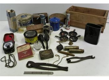 Lot Of Tin Boxes, Mini Cast Iron Pans, Vintage Tools & Bottle & Cup, Square Green Vase, Glass Apple