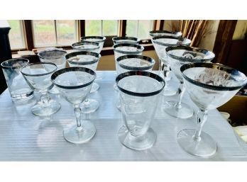 12 Silver Rimmed Wine And Water Glasses And 3 Bonus Pieces