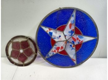 Lot Of 2 Stained Glass Hanging Decorations: Patriotic 'star' Stain Glass & Burgundy Flower
