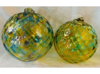 (Lot Of 2) Blown Glass Ornaments Yellow And Green