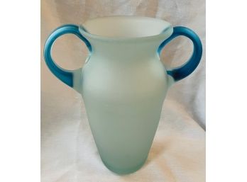 Beautiful Double Handled Hand Made Glass Blue Vase