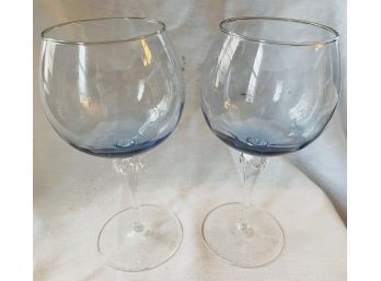 Set Of Two Blue Large Wine Glasses