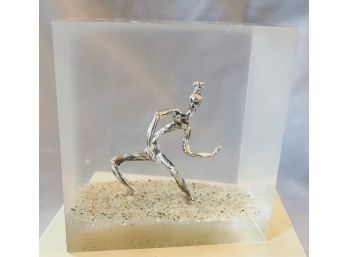 Vintage Cool Metal Dancing Figure Inside Resin Cube